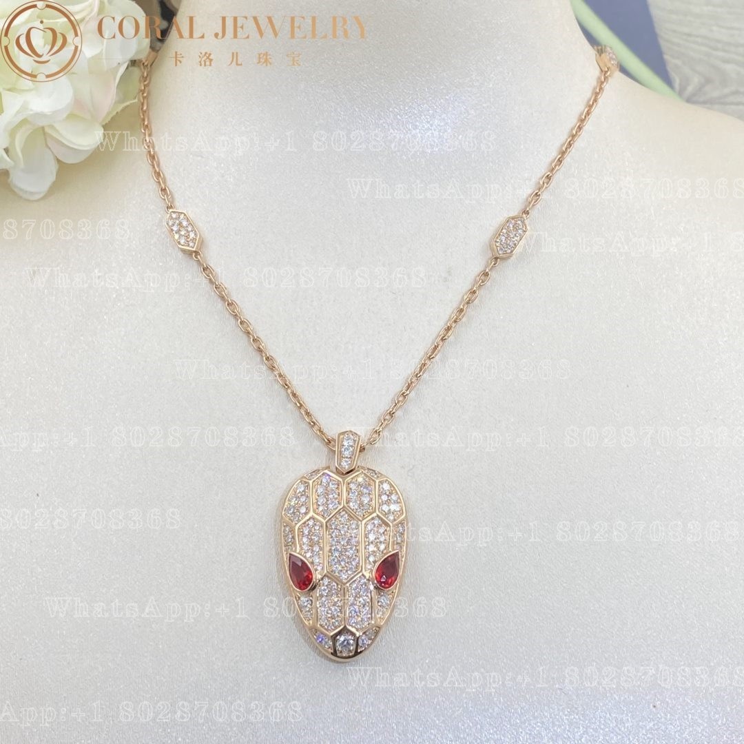 Bulgari Serpenti necklace in 18 kt rose gold, set with rubellite eyes and with pavé diamonds on the chain and the head Ref.: 352725