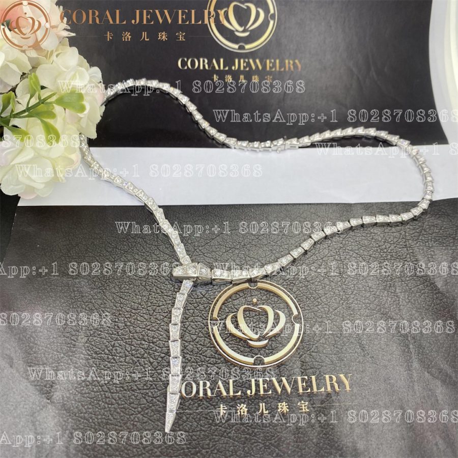 Bulgari Serpenti Viper Slim Necklace In 18 Kt White Gold Set With Full Pave Diamonds Ref 351090 Coral (9)