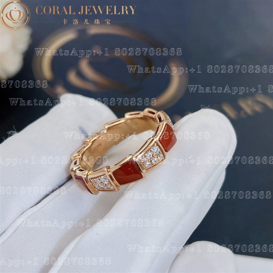 Bulgari Serpenti Viper Band Ring In 18 Kt Rose Gold With Carnelian And Pave Diamonds Width 6 Mm Ref 353354 Coral (12)