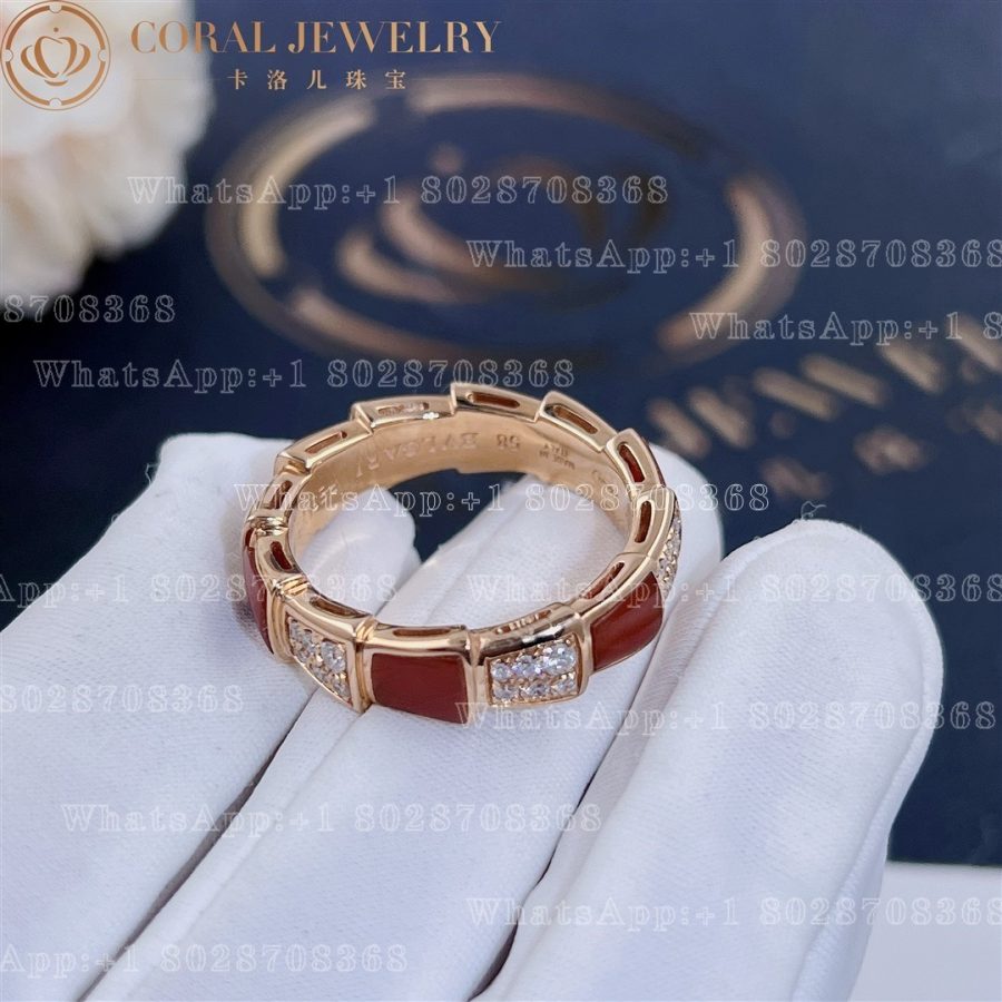 Bulgari Serpenti Viper Band Ring In 18 Kt Rose Gold With Carnelian And Pave Diamonds Width 6 Mm Ref 353354 Coral (6)