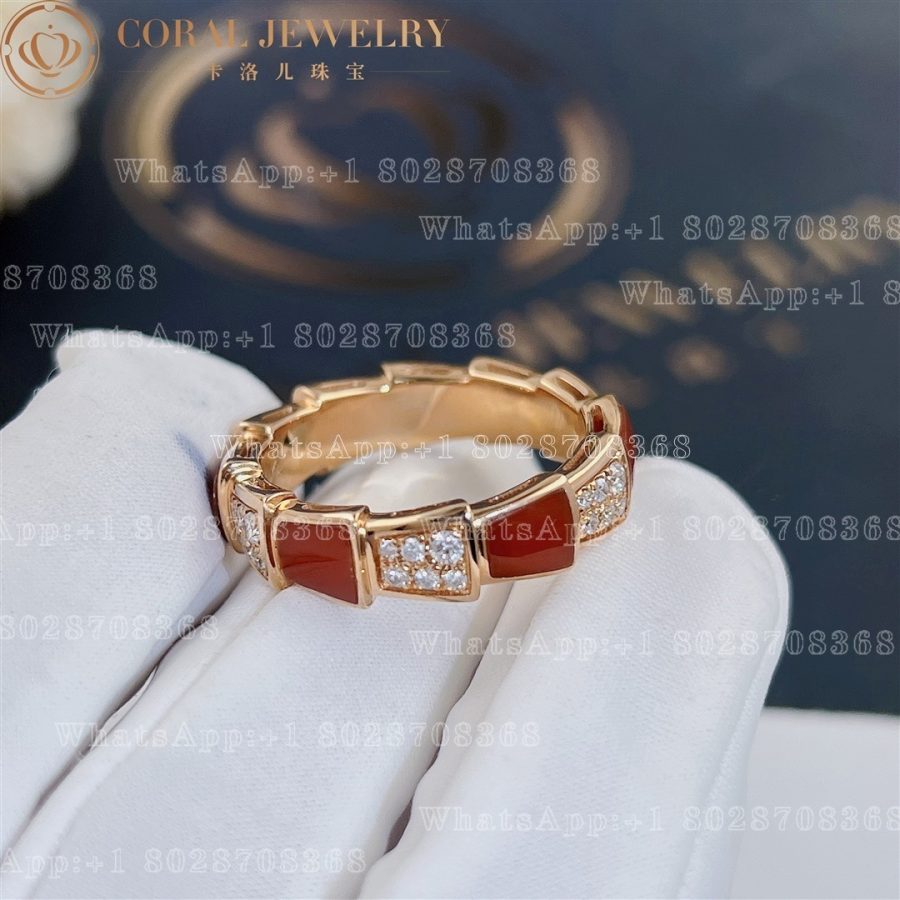 Bulgari Serpenti Viper Band Ring In 18 Kt Rose Gold With Carnelian And Pave Diamonds Width 6 Mm Ref 353354 Coral (9)