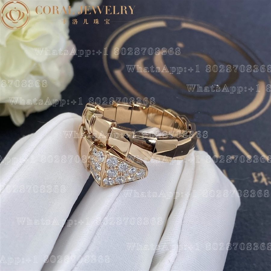 Bulgari Serpenti Viper One Coil Ring In 18 Kt Rose Gold Set With Pave Diamonds On The Head Ref 345218 Coral (2)