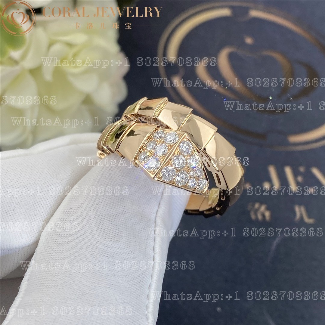 Bulgari Serpenti Viper One Coil Ring In 18 Kt Rose Gold Set With Pave Diamonds On The Head Ref 345218 Coral (3)