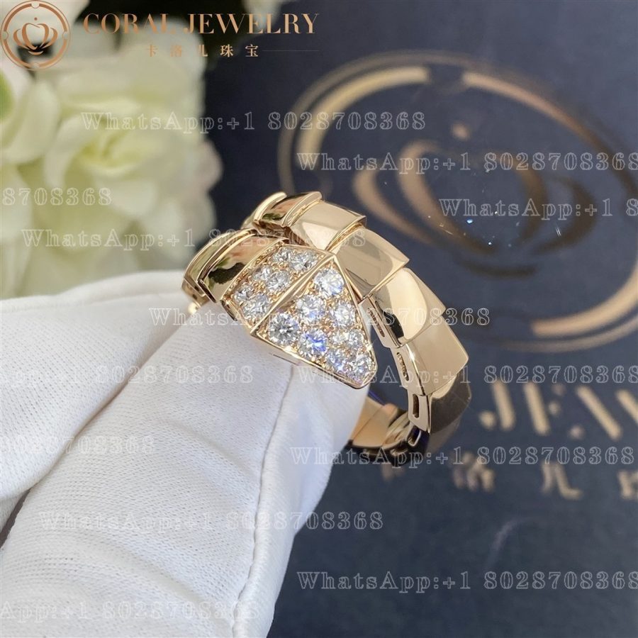 Bulgari Serpenti Viper One Coil Ring In 18 Kt Rose Gold Set With Pave Diamonds On The Head Ref 345218 Coral (4)