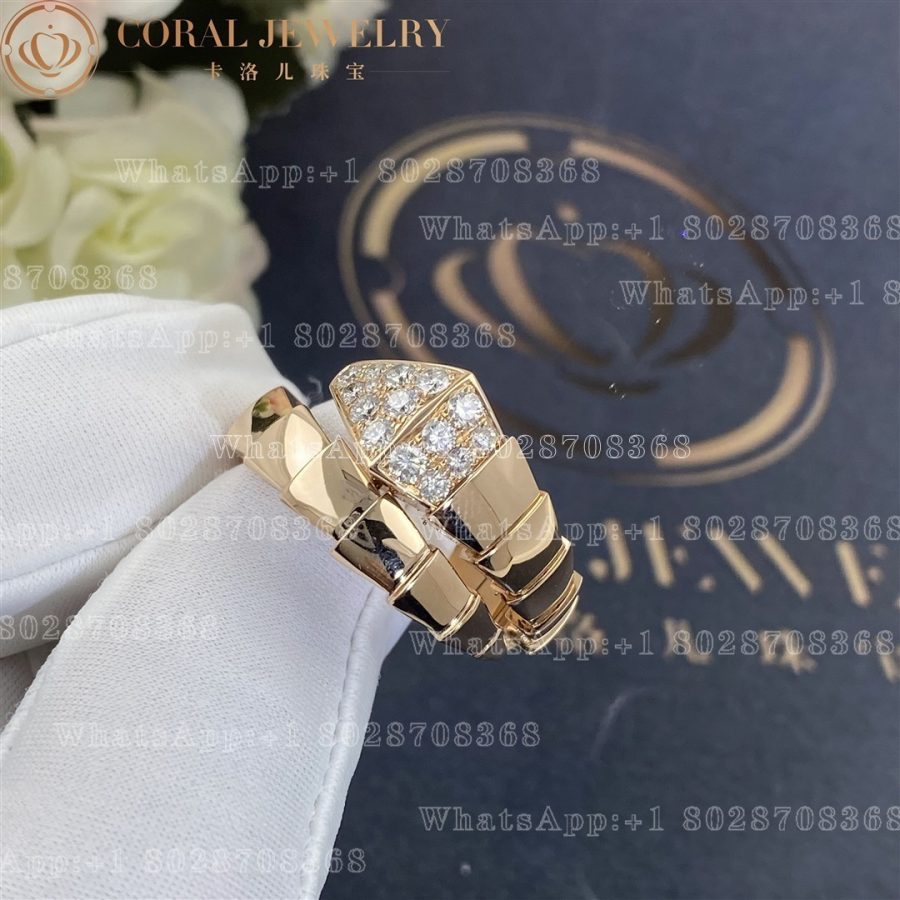 Bulgari Serpenti Viper One Coil Ring In 18 Kt Rose Gold Set With Pave Diamonds On The Head Ref 345218 Coral (6)