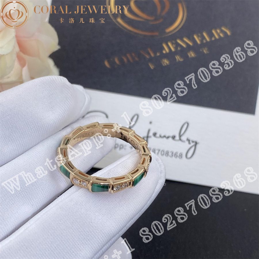 Bulgari Serpenti Viper 18 Kt Rose Gold Thin Ring Set With Malachite Elements And Pave Diamonds Ref 356758 Coral (2)