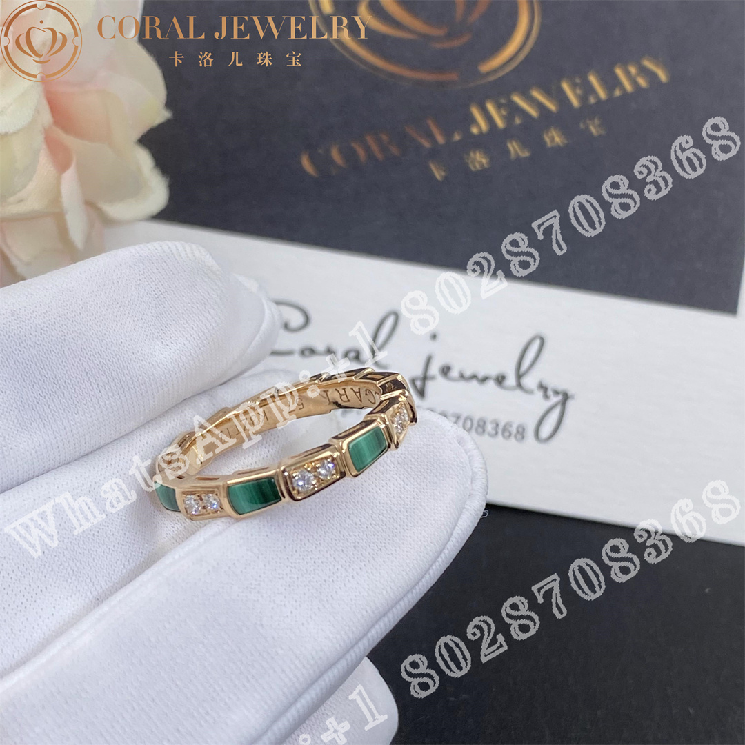 Bulgari Serpenti Viper 18 Kt Rose Gold Thin Ring Set With Malachite Elements And Pave Diamonds Ref 356758 Coral (3)