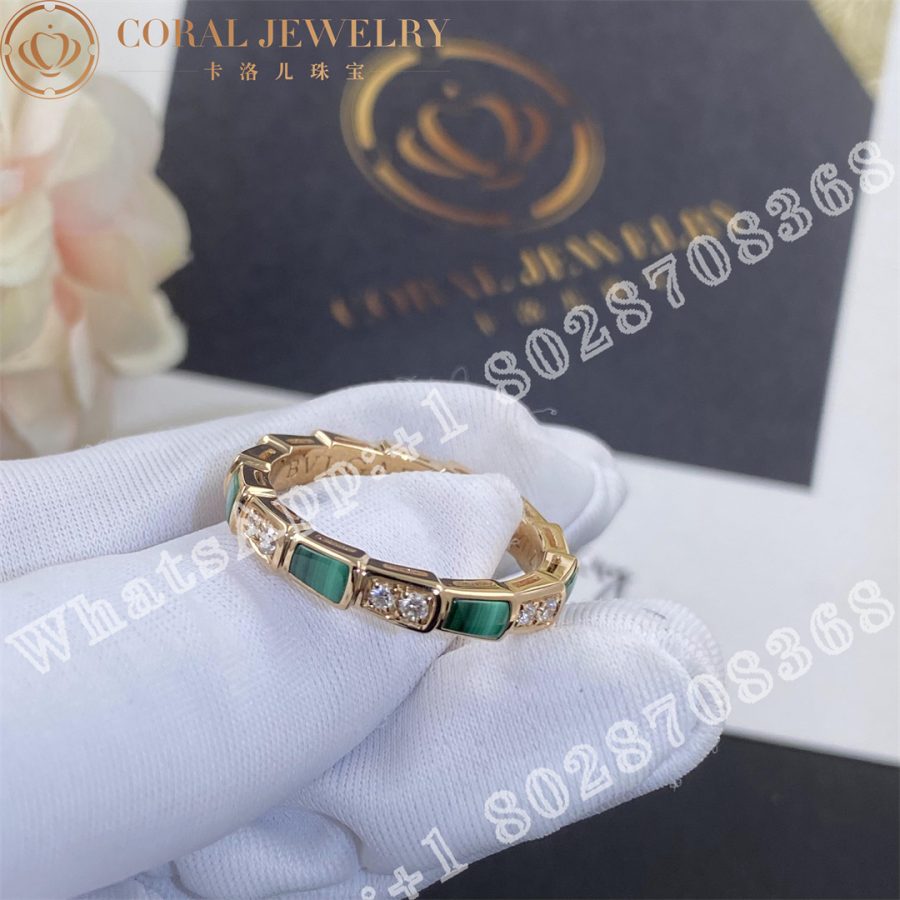 Bulgari Serpenti Viper 18 Kt Rose Gold Thin Ring Set With Malachite Elements And Pave Diamonds Ref 356758 Coral (8)