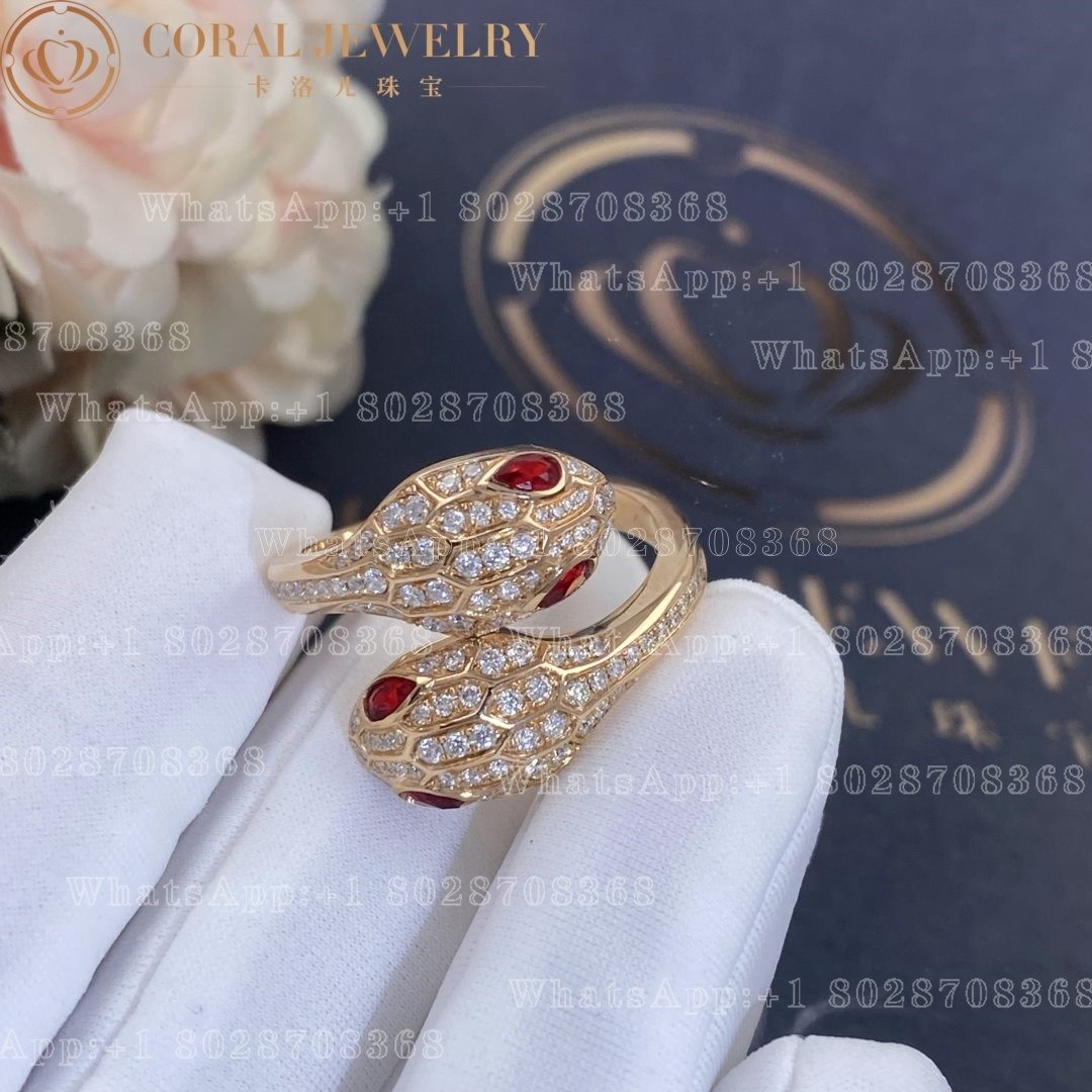 Bulgari Serpenti Seduttori 18 kt rose gold double head ring set with rubellite eyes and pavé diamonds Ref.: 358090