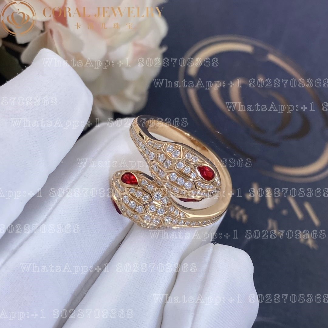 Bulgari Serpenti Seduttori 18 kt rose gold double head ring set with rubellite eyes and pavé diamonds Ref.: 358090