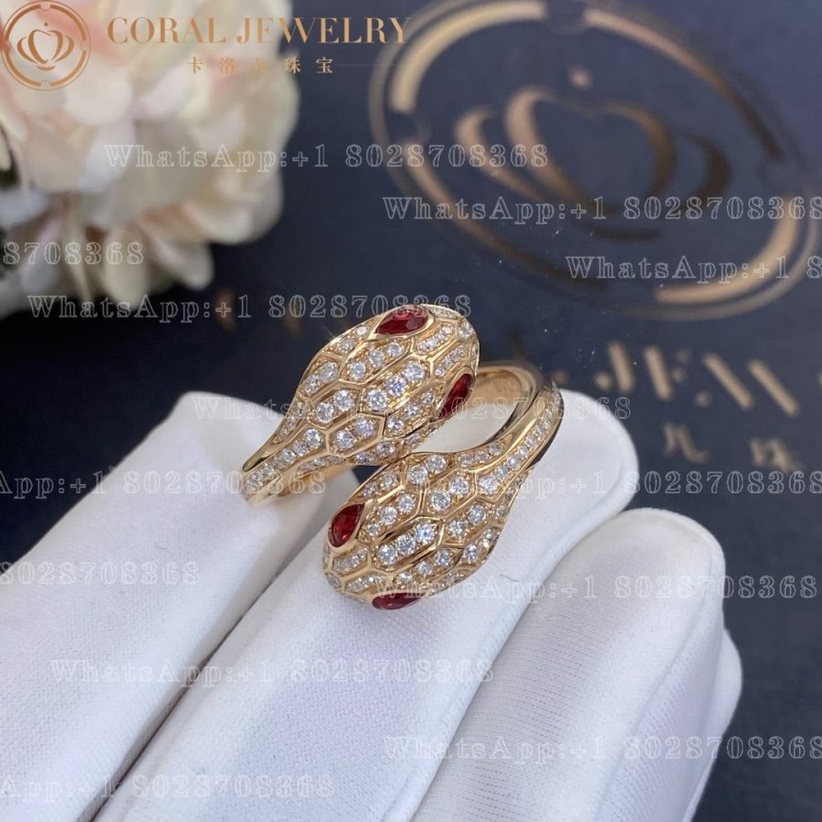 Bulgari Serpenti Seduttori 18 kt rose gold double head ring set with rubellite eyes and pavé diamonds Ref.: 358090