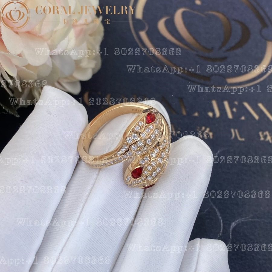 Bulgari Serpenti Seduttori 18 kt rose gold double head ring set with rubellite eyes and pavé diamonds Ref.: 358090