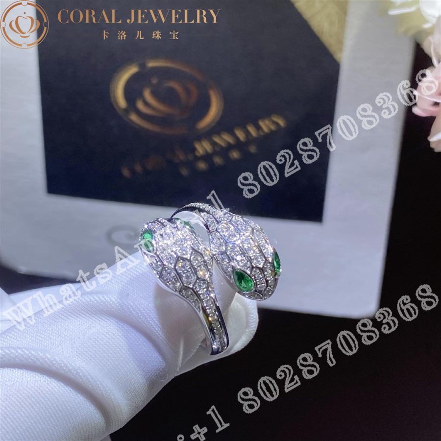 Bulgari Serpenti Seduttori 18 Kt White Gold Double Head Ring Set With Emerald Eyes And Pave Diamonds Ref 358094 Coral (1)