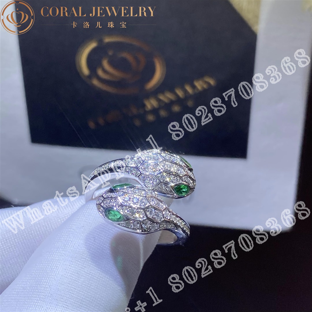 Bulgari Serpenti Seduttori 18 Kt White Gold Double Head Ring Set With Emerald Eyes And Pave Diamonds Ref 358094 Coral (2)