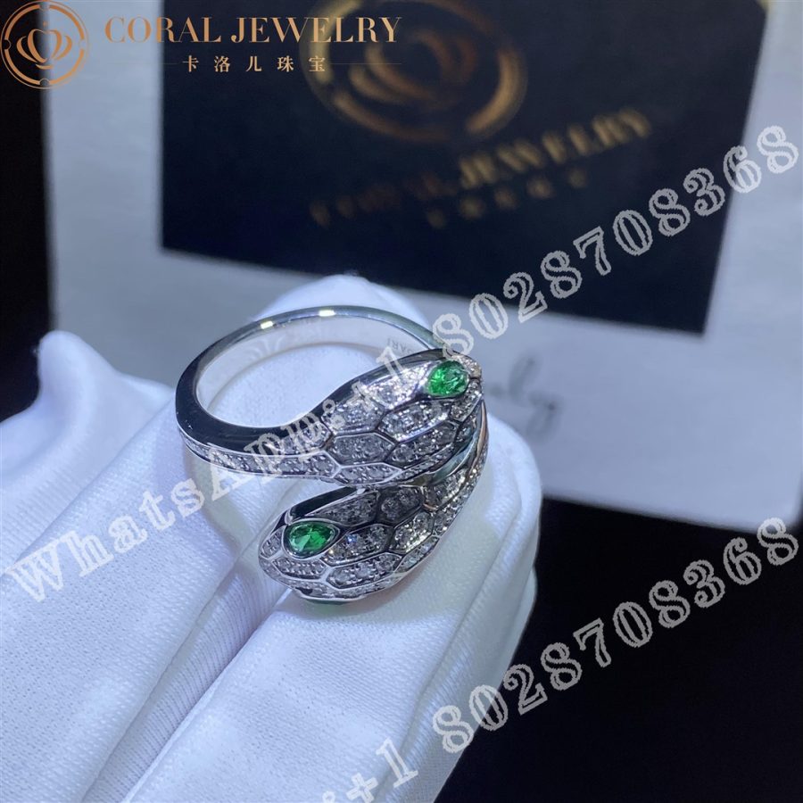 Bulgari Serpenti Seduttori 18 Kt White Gold Double Head Ring Set With Emerald Eyes And Pave Diamonds Ref 358094 Coral (7)