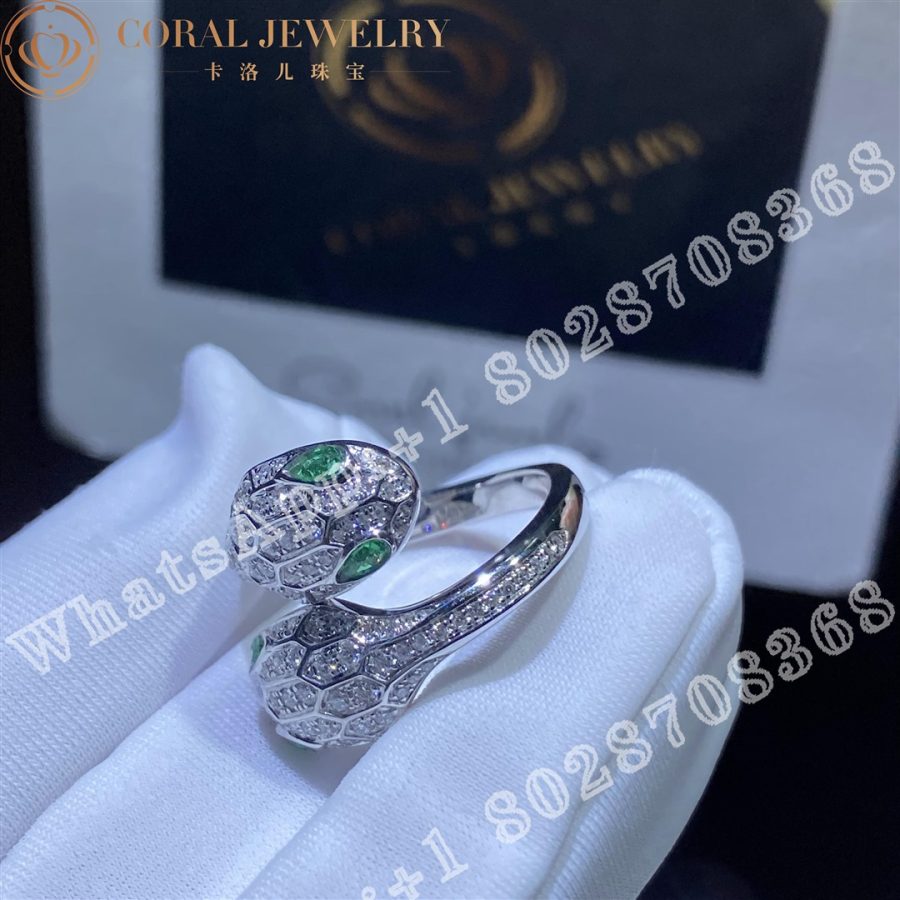 Bulgari Serpenti Seduttori 18 Kt White Gold Double Head Ring Set With Emerald Eyes And Pave Diamonds Ref 358094 Coral (8)