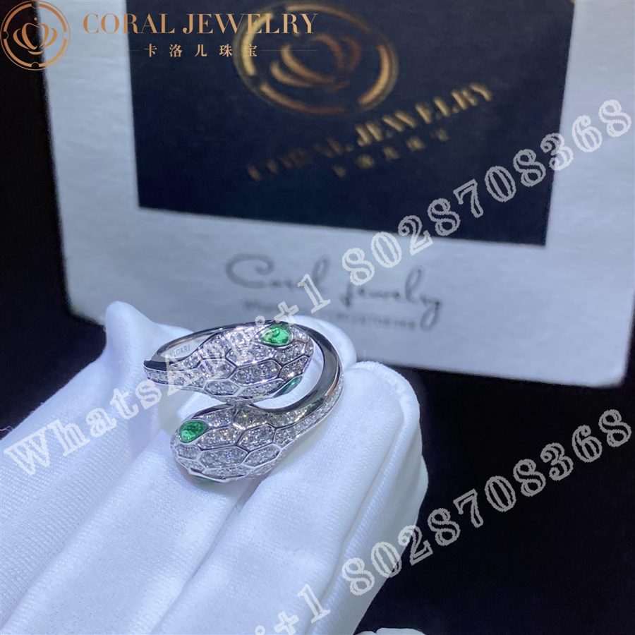 Bulgari Serpenti Seduttori 18 Kt White Gold Double Head Ring Set With Emerald Eyes And Pave Diamonds Ref 358094 Coral (9)