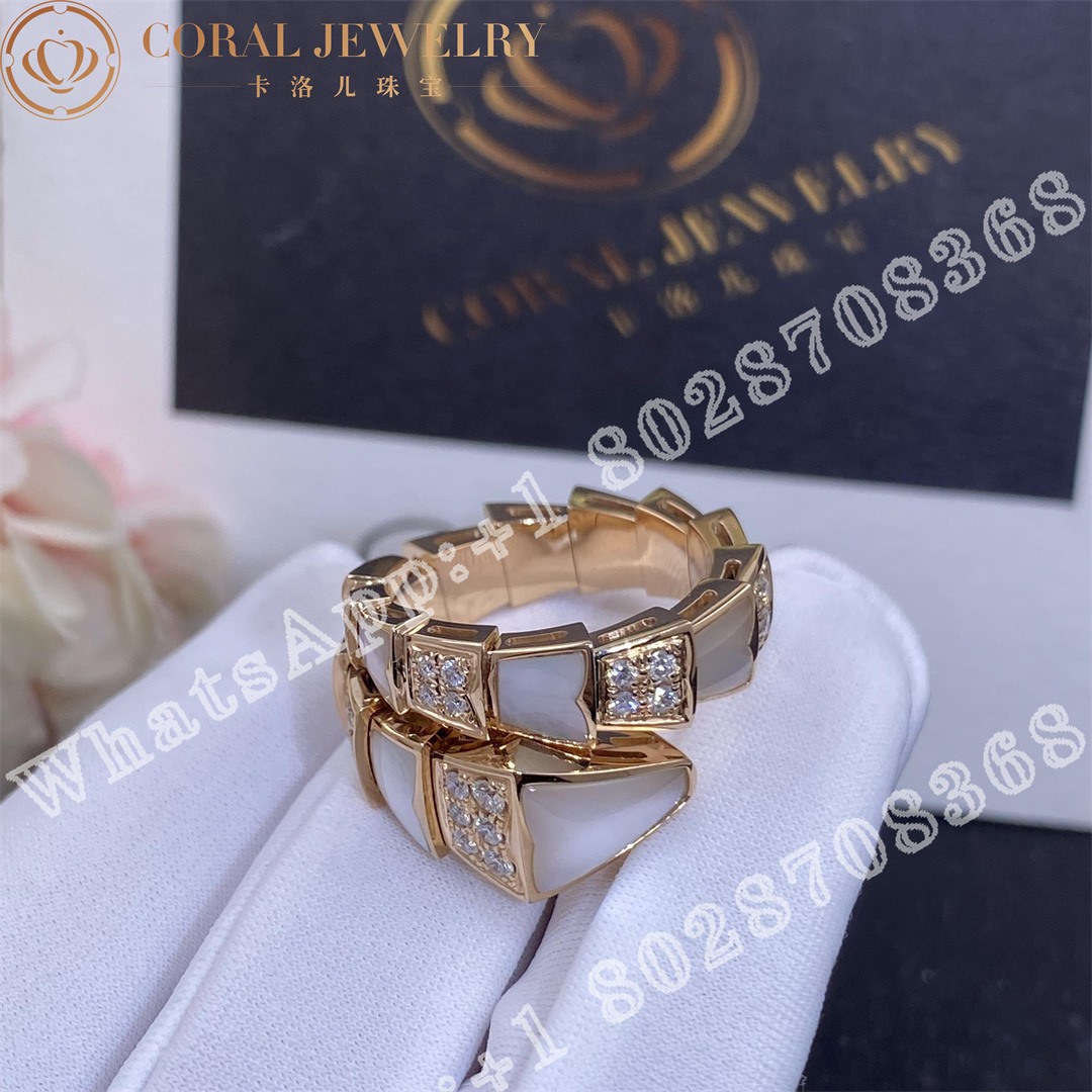 Bulgari Serpenti Viper One Coil Ring In 18 Kt Rose Gold Set With Mother Of Pearl Elements And Pave Diamonds Ref 350668 Coral (6)