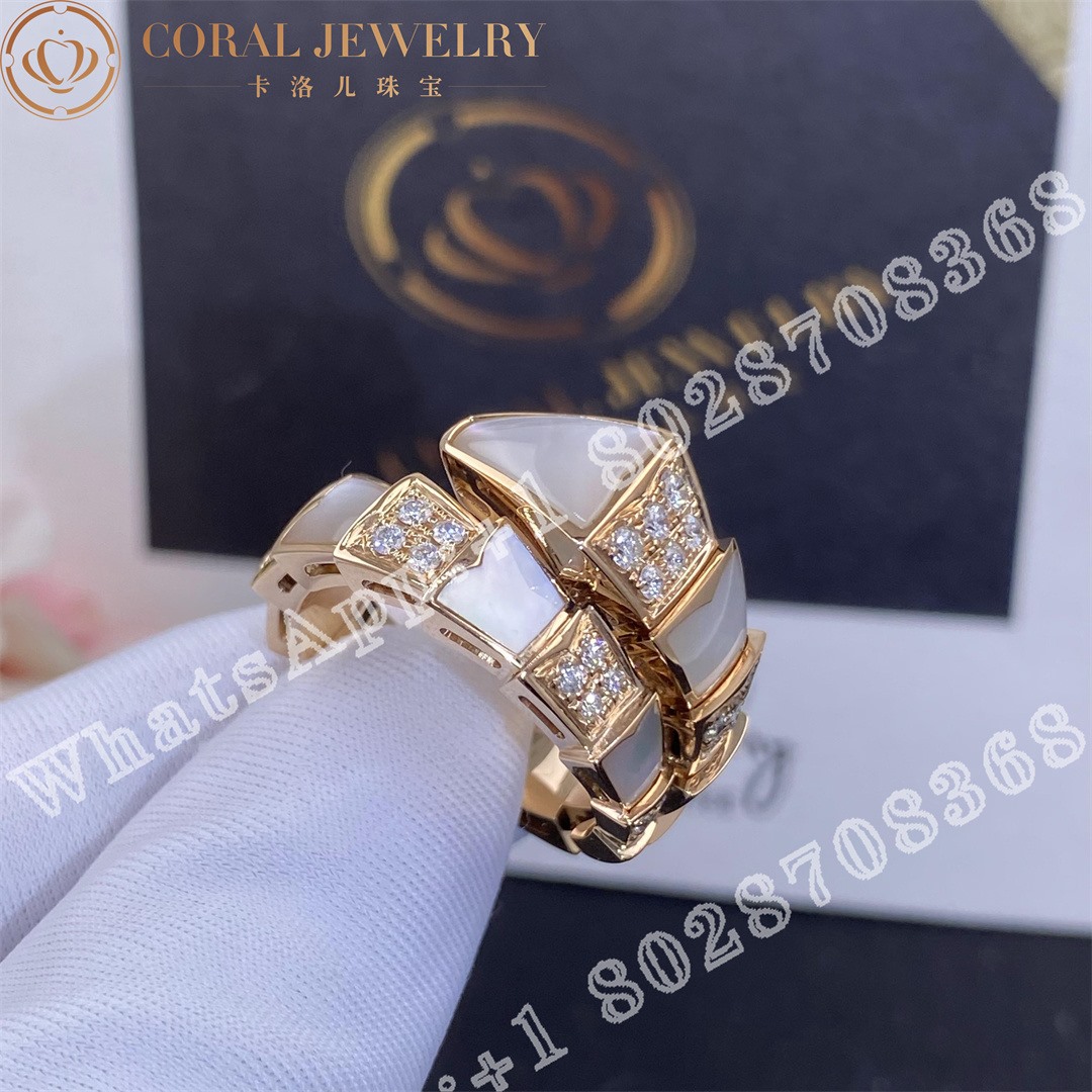 Bulgari Serpenti Viper One Coil Ring In 18 Kt Rose Gold Set With Mother Of Pearl Elements And Pave Diamonds Ref 350668 Coral (8)