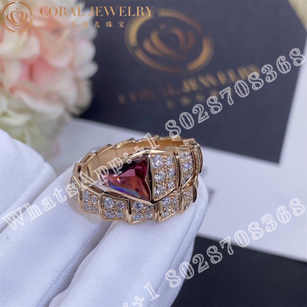 Bulgari Serpenti Viper Ring In 18 Kt Rose Gold Set With Full Pave Diamonds And A Rubellite On The Head Coral (1)