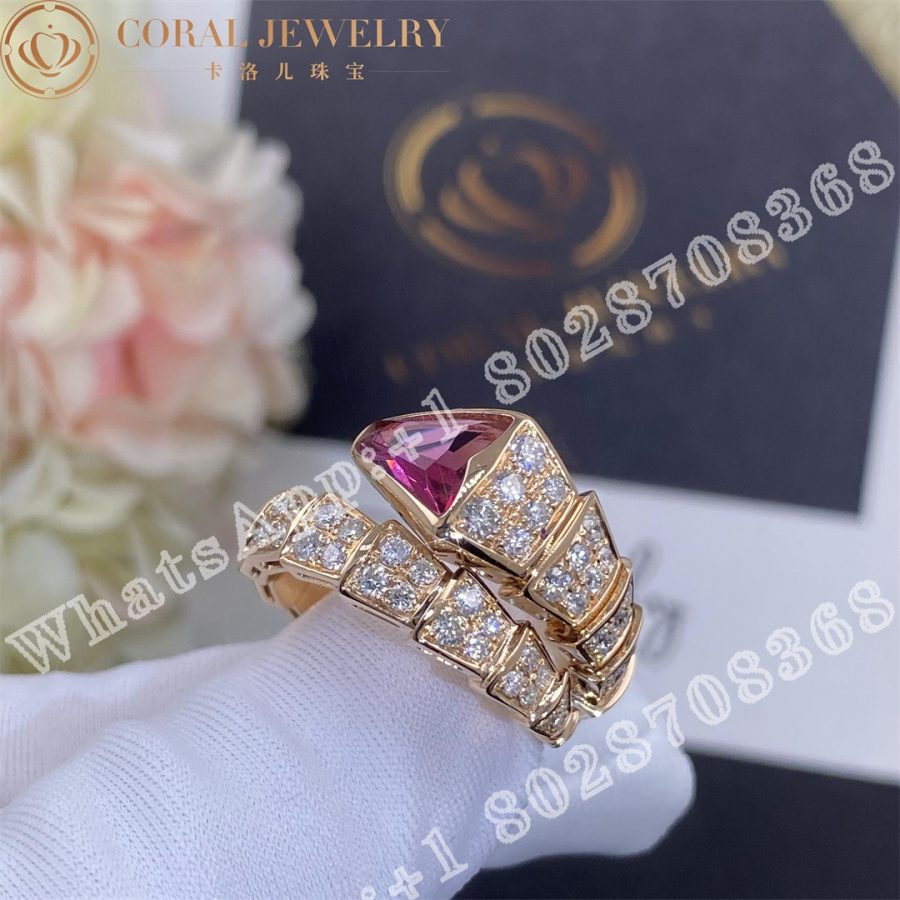 Bulgari Serpenti Viper Ring In 18 Kt Rose Gold Set With Full Pave Diamonds And A Rubellite On The Head Coral (14)