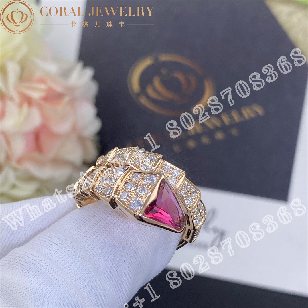 Bulgari Serpenti Viper Ring In 18 Kt Rose Gold Set With Full Pave Diamonds And A Rubellite On The Head Coral (6)