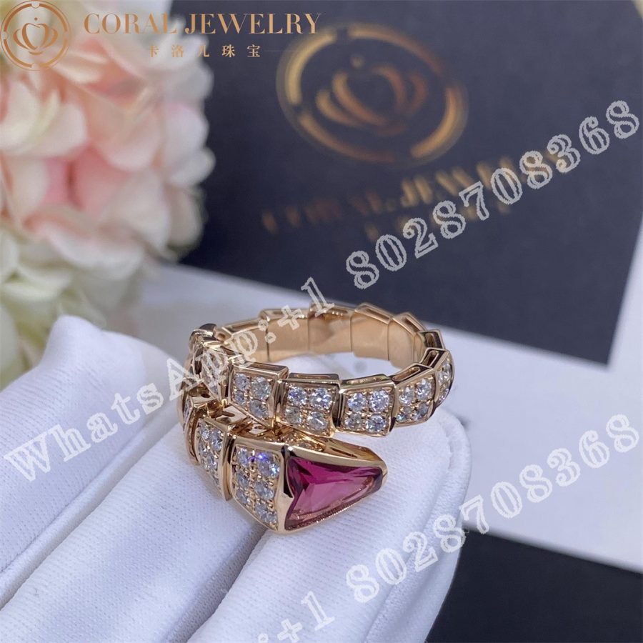 Bulgari Serpenti Viper Ring In 18 Kt Rose Gold Set With Full Pave Diamonds And A Rubellite On The Head Coral (8)