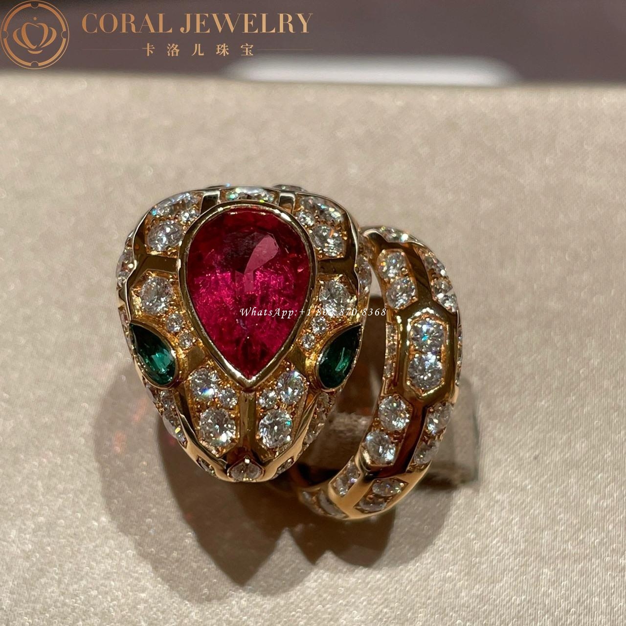 Bulgari Serpenti 18 kt rose gold ring set with a Ruby on the head, emerald eyes and pavé diamonds