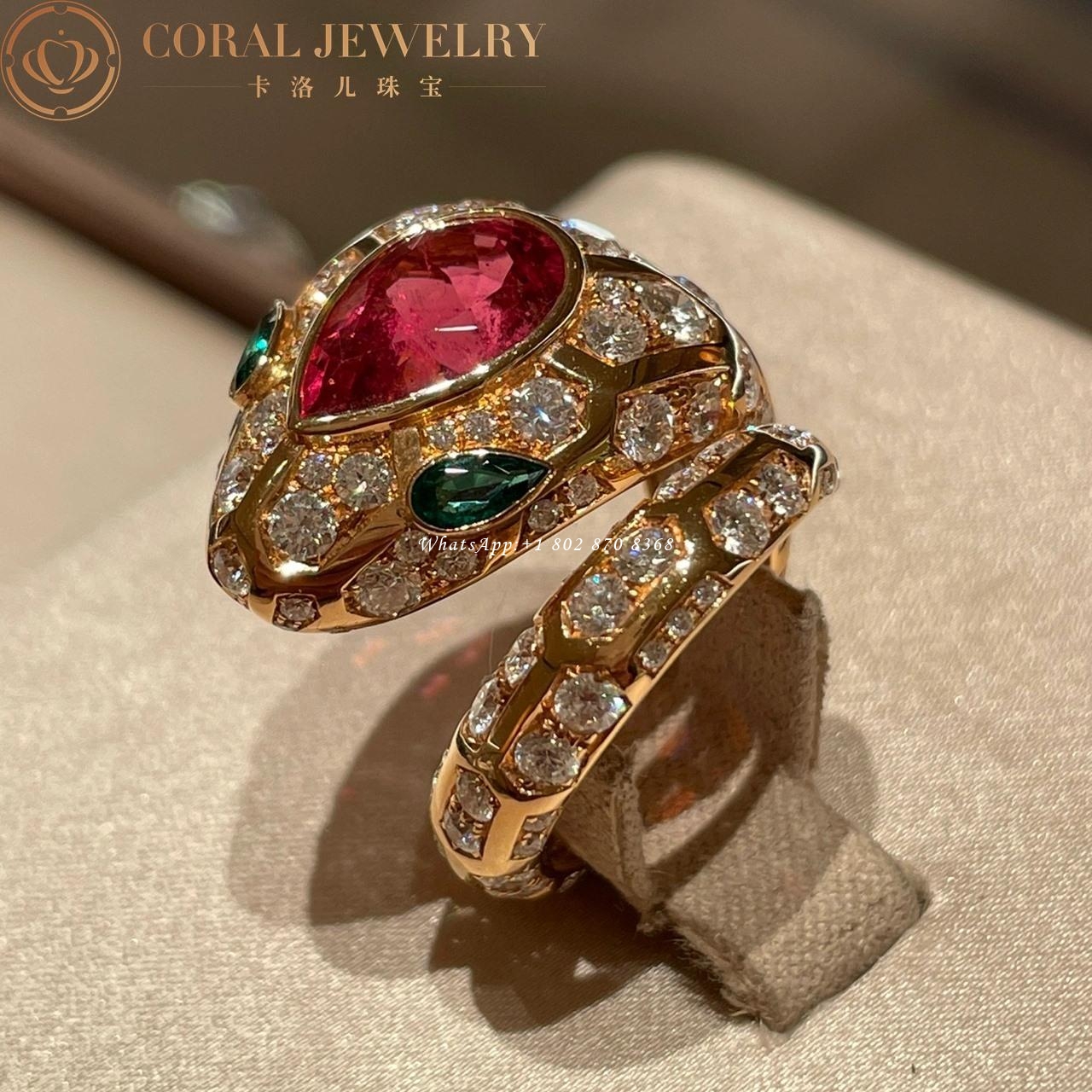 Bulgari Serpenti 18 kt rose gold ring set with a Ruby on the head, emerald eyes and pavé diamonds