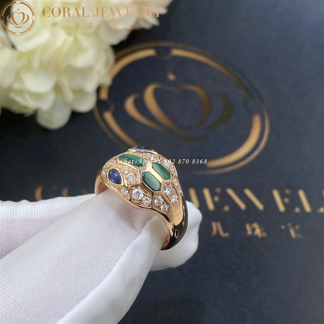 Bulgari Serpenti 18 kt rose gold ring set with blue sapphire eyes, malachite elements and pavé diamonds Ref.: 356207