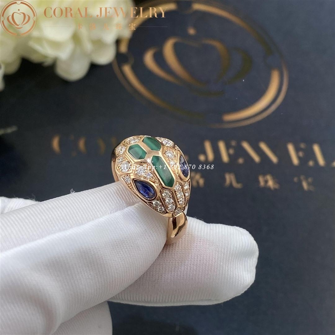 Bulgari Serpenti 18 kt rose gold ring set with blue sapphire eyes, malachite elements and pavé diamonds Ref.: 356207