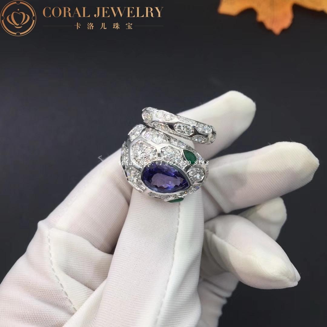 Bulgari Serpenti 18 kt white gold ring set with a blue sapphire on the head, emerald eyes and pavé diamonds Ref.: 355336