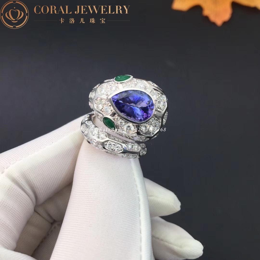 Bulgari Serpenti 18 kt white gold ring set with a blue sapphire on the head, emerald eyes and pavé diamonds Ref.: 355336