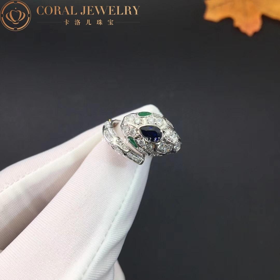 Bulgari Serpenti 18 kt white gold ring set with a blue sapphire on the head, emerald eyes and pavé diamonds Ref.: 355348