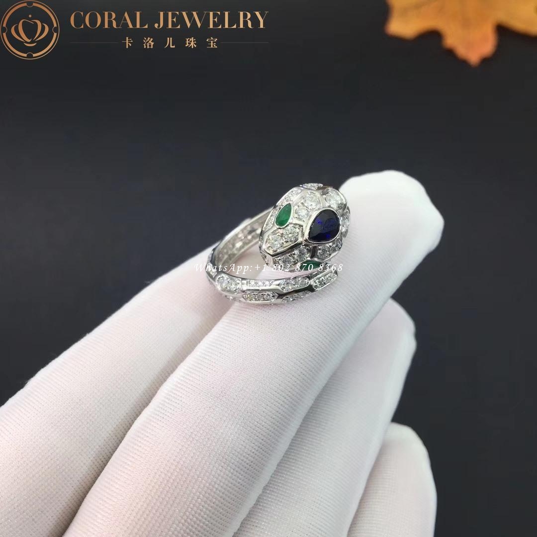 Bulgari Serpenti 18 kt white gold ring set with a blue sapphire on the head, emerald eyes and pavé diamonds Ref.: 355348