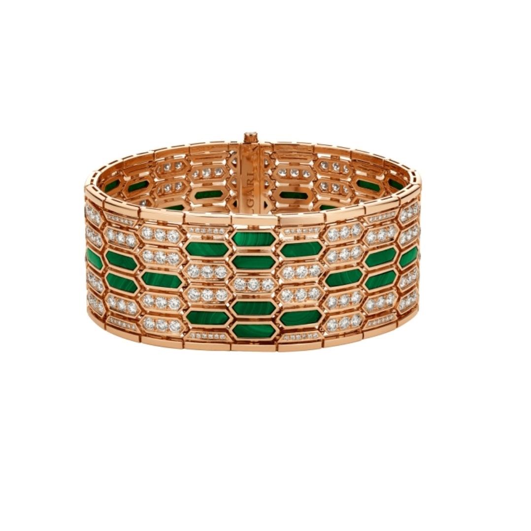 Bulgari Serpenti Seduttori Pink Gold And Malachite Pave Diamond Bracelet Br857771 Coral (1)