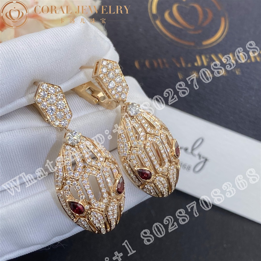 Bulgari Serpenti 18 Kt Rose Gold Earrings Set With Pave Diamonds And Rubellite Eyes Coral (4)