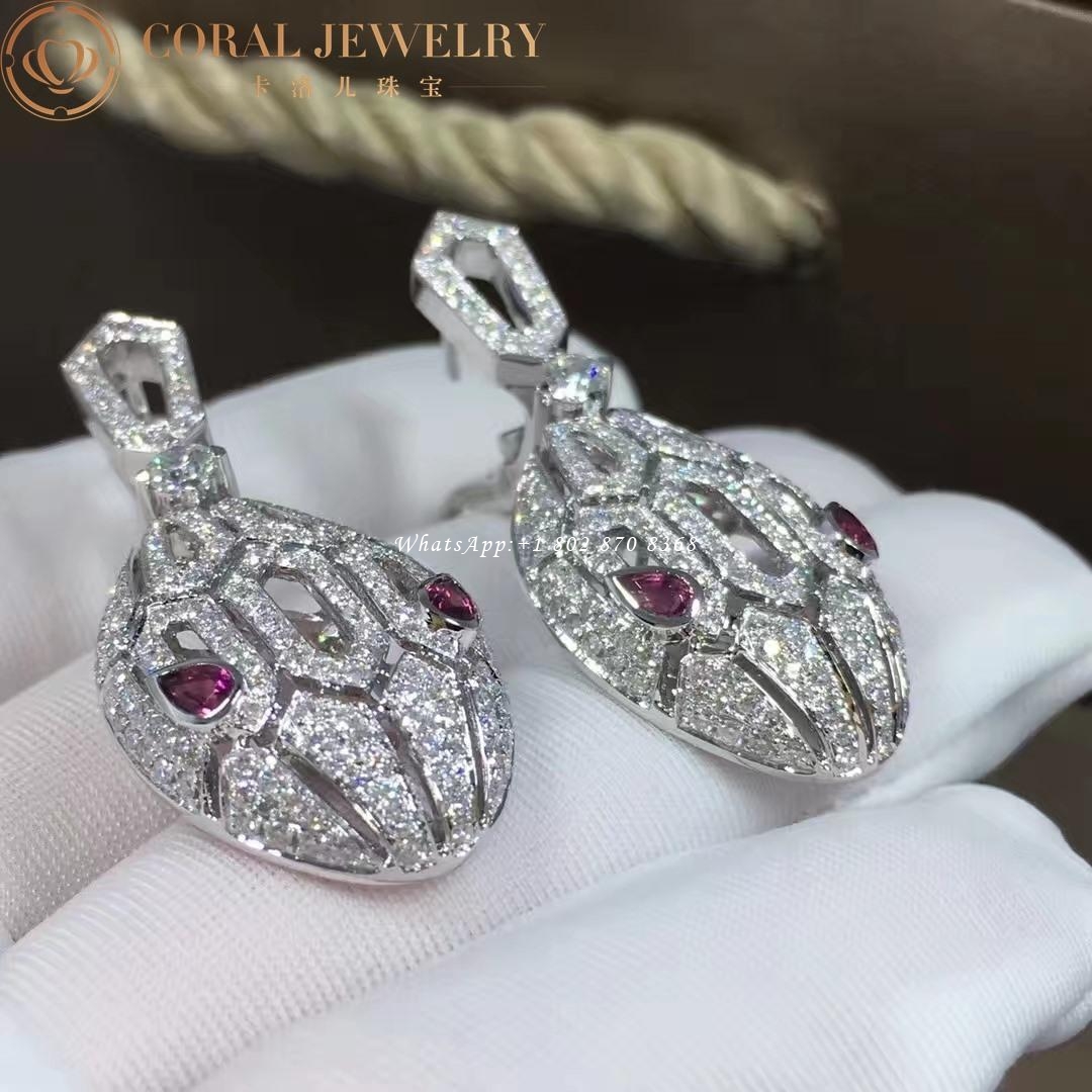 Bulgari Serpenti 18 kt white gold earrings set with pavé diamonds and rubellite eyes