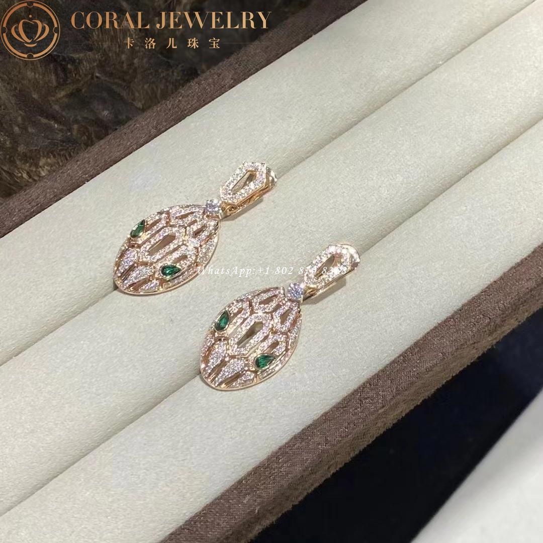 Bulgari Serpenti 18 kt yellow gold earrings set with pavé diamonds and malachite eyes Ref.: 354576