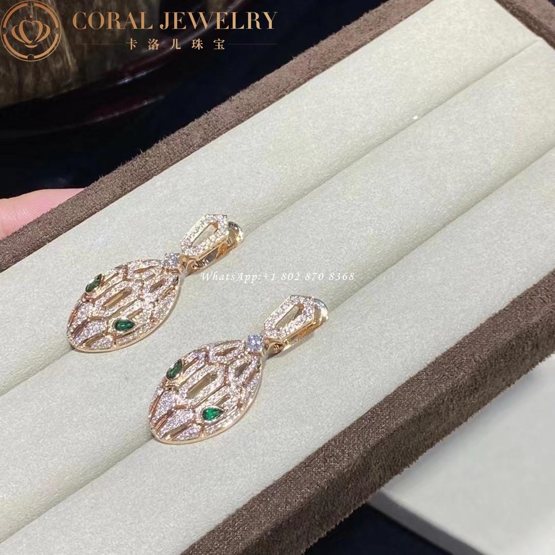 Bulgari Serpenti 18 kt yellow gold earrings set with pavé diamonds and malachite eyes Ref.: 354576