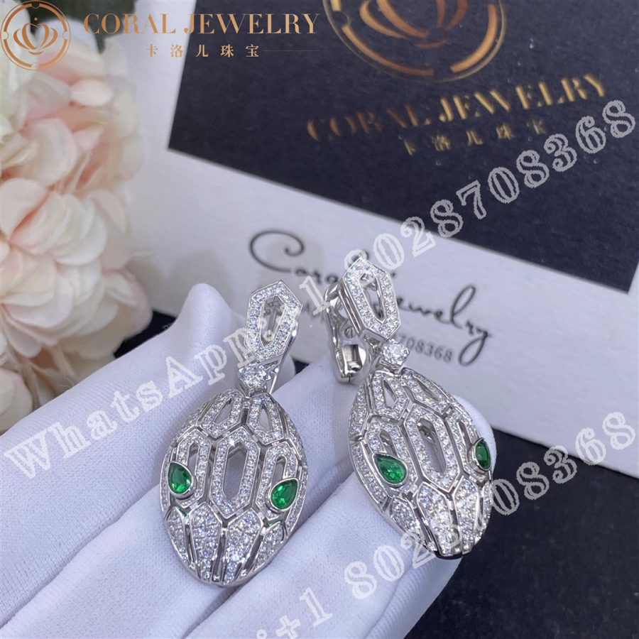 Bulgari Serpenti Earrings In 18 Kt White Gold Set With Emerald Eyes And Full Pave Diamonds Ref 352756 Coral (10)