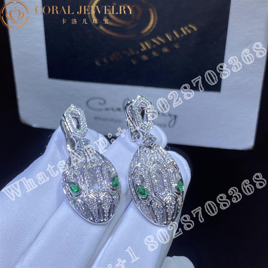 Bulgari Serpenti Earrings In 18 Kt White Gold Set With Emerald Eyes And Full Pave Diamonds Ref 352756 Coral (3)