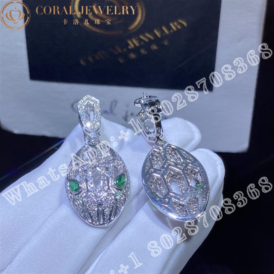 Bulgari Serpenti Earrings In 18 Kt White Gold Set With Emerald Eyes And Full Pave Diamonds Ref 352756 Coral (4)