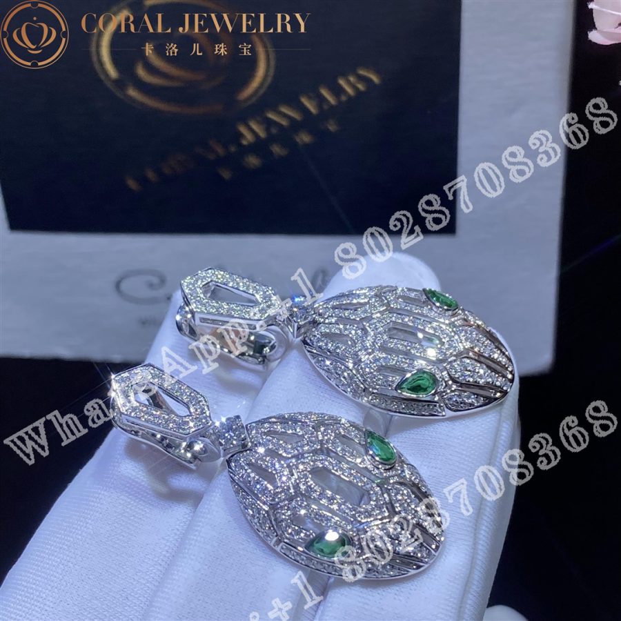 Bulgari Serpenti Earrings In 18 Kt White Gold Set With Emerald Eyes And Full Pave Diamonds Ref 352756 Coral (5)