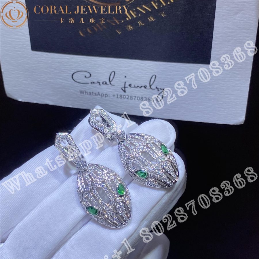 Bulgari Serpenti Earrings In 18 Kt White Gold Set With Emerald Eyes And Full Pave Diamonds Ref 352756 Coral (7)