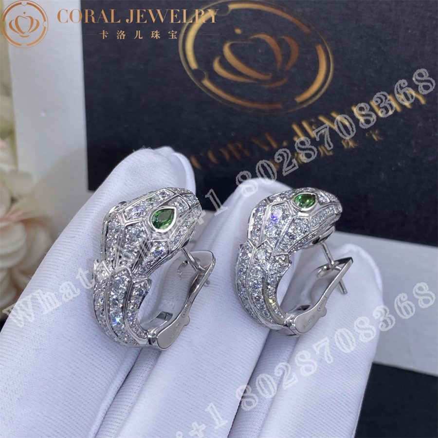 Bulgari Serpenti White Gold Earrings Set With Pave Diamonds And Two Emerald Eyes Ref 354702 Coral (7)