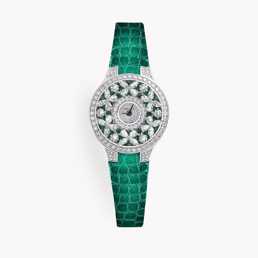 Graff Classic Butterfly Watch Diamond on Emerald Dial, White Gold, Green Alligator Strap