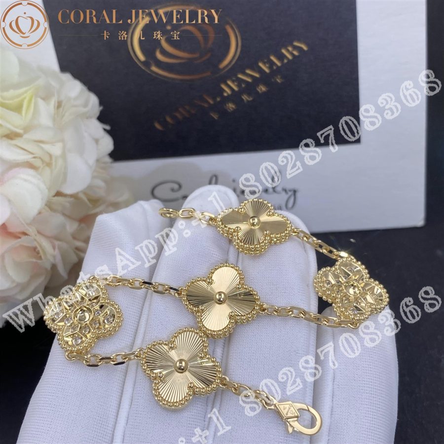 Van Cleef Arpels Vintage Alhambra Bracelet 5 Motifs Yellow Gold Diamond Vcarp4kn00 Coral (5)