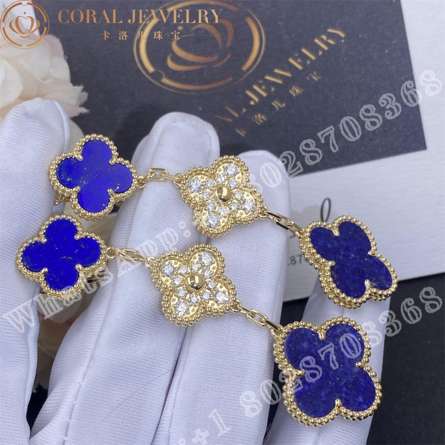 Van Cleef Arpels Magic Alhambra Earrings 3 Motifs Yellow Gold Diamond Lapis Lazuli Coral (3)