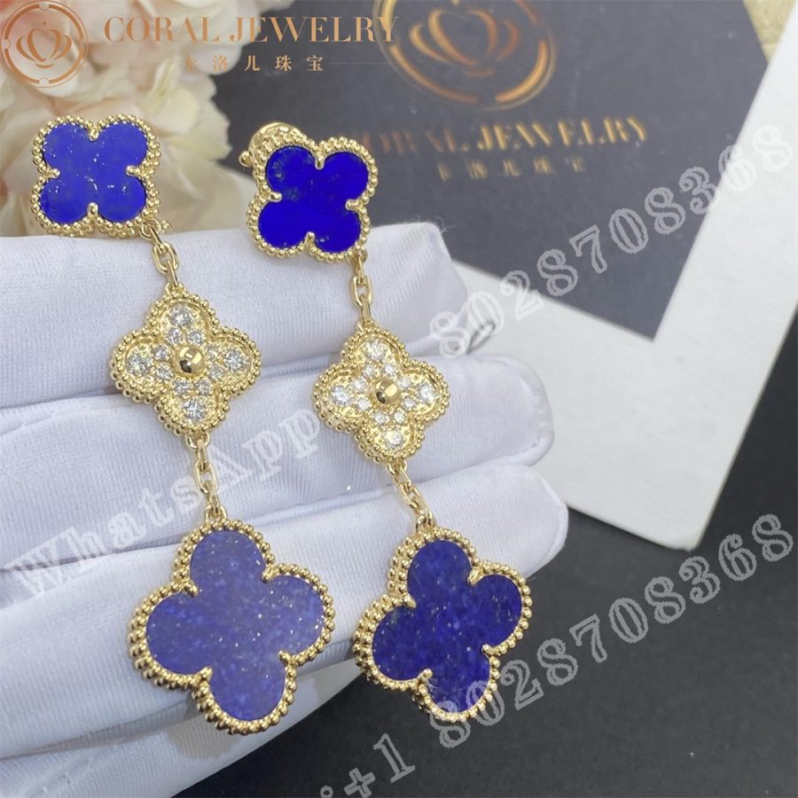 Van Cleef Arpels Magic Alhambra Earrings 3 Motifs Yellow Gold Diamond Lapis Lazuli Coral (4)